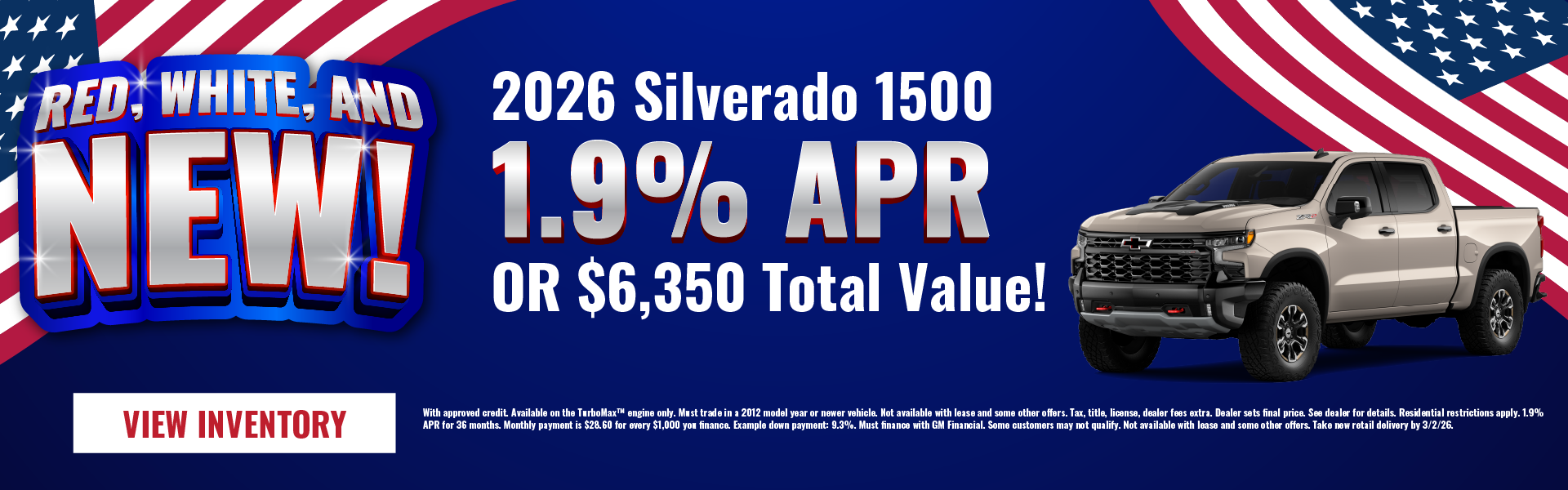 2026 Silverado 1500 1.9% APR OR $6,350 Total Value!