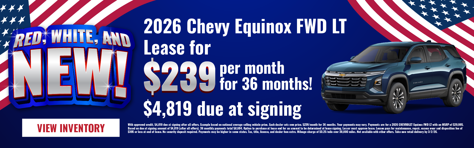 2026 Chevy Equinox FWD LT Lease for $239 per month for 36 mo