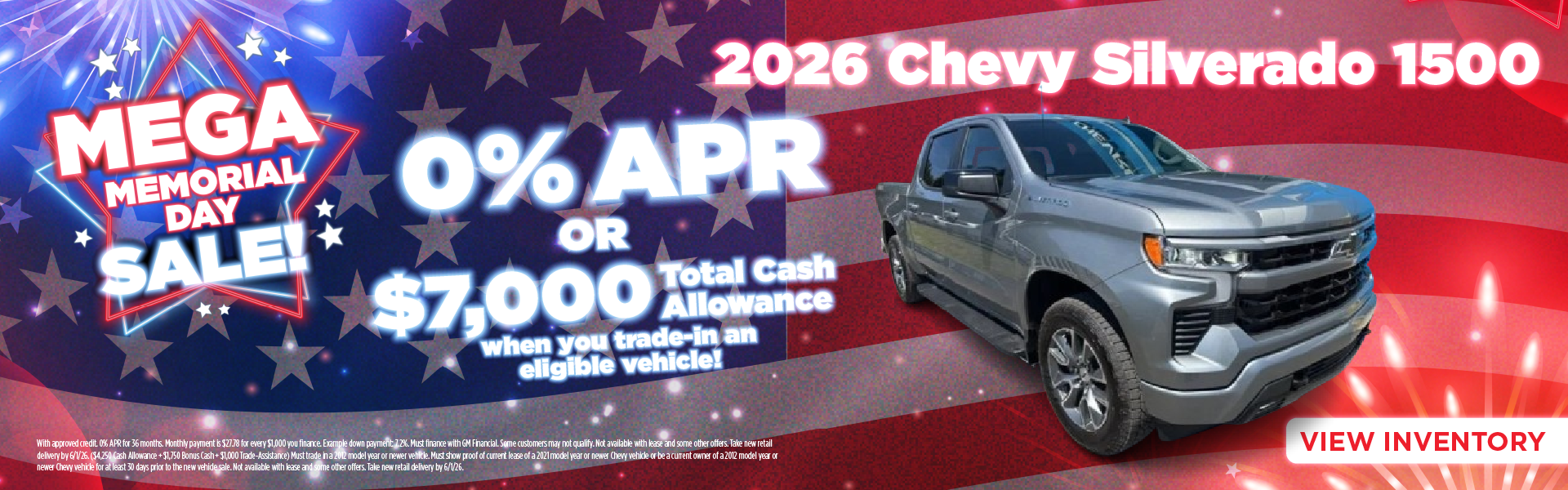 2026 Chevy Silverado 1500 0% APR or $7,000 Total Cash Allowa